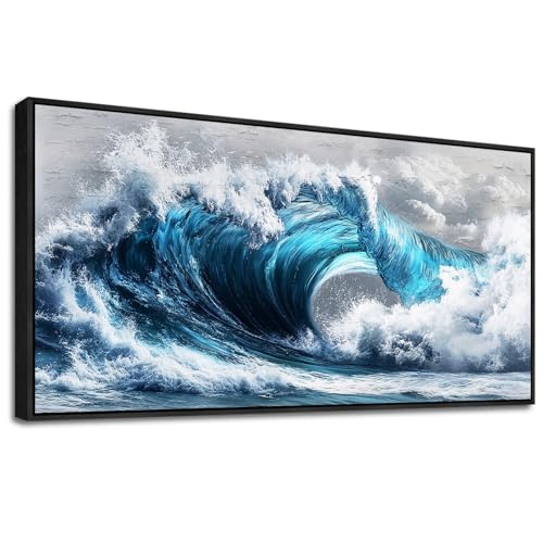 Large Canvas Wall Art For Living Room Wall Decor For Bedroom Ocean Inspiration Wall Pictures Office Mural Decorations Posters Blue Wave Paintings Modern Home Decor Black Framed 24x48 In