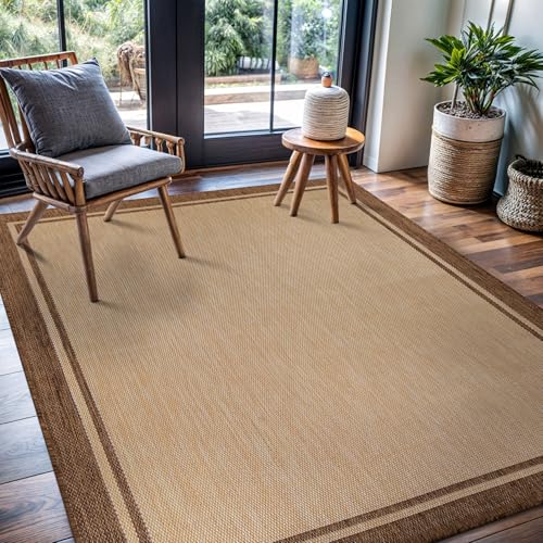 Outdoor Rug 5x7 Bordered Natural Brown Modern Area Rugs for Indoor and Outdoor Patios (5040 sq in Count)