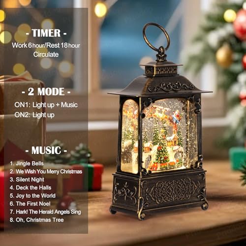 Village Snow Globe Christmas Decorations Indoor Santa Claus Reindeer Church Cabin Snow Village Scene Gifts Classic Relief Texture Musical Glitter Snowfall USB