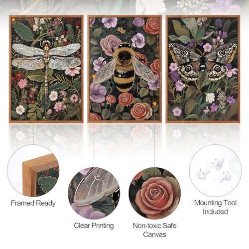 Moody Boho Flowers Insect Framed Wall Art (3 Count)