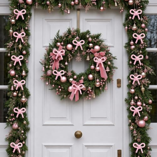 16 Pcs Pink White Bow Candy Cane Hanging Ornaments Christmas Tree Decor (16 Count)