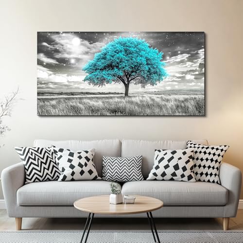 Modern Canvas Print Wall Art Blue Tree Painting Full Of Stars Black And White Art pictures Natural Landscape Wall Decoration Suitable For Living Room Bedroom Office Framed Stretch 20x40 In