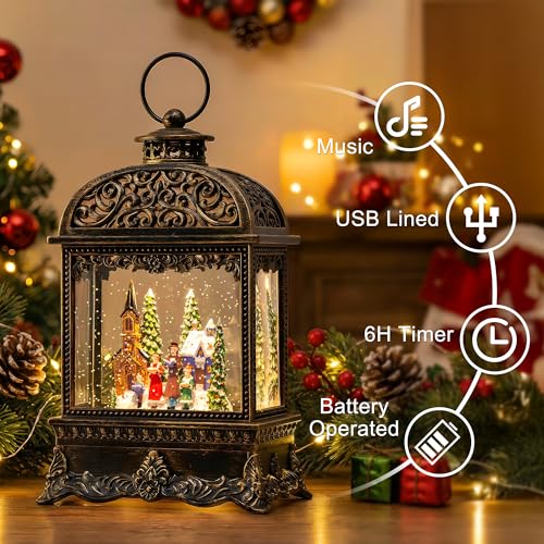 Christmas Village Snow Globe Water Lantern with Church Carolers Scene Battery Operated or USB Powered Musical Lighted Holiday Decoration for Tabletop Display for Family and Friends