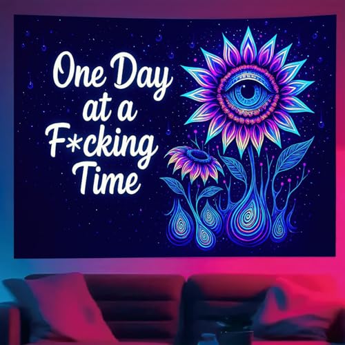 Blacklight Trippy Tapestry UV Reactive Psychedelic Eye Flower Wall Hanging with Quote for Bedroom Dorm Living Room Aesthetic Glowing Decor Fluorescent Poster Large 78 x 59 Inch