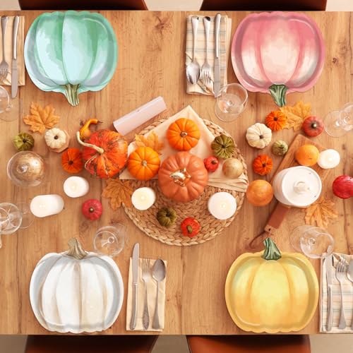60Pcs Thanksgiving Pumpkin Paper Plates Autumn Fall Party Decoration Tableware Set Watercolor Disposable Dinnerware Pumpkin Shaped Dessert Dish for Harvest Halloween Birthday Baby Shower Supplies (60 Count)