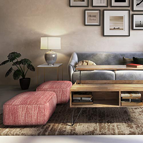 Nate 20" Wide Square Pouf in Red Handwoven Cotton