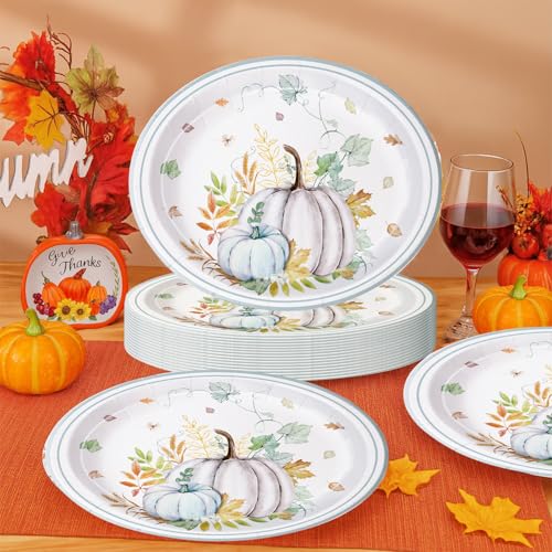 Fall Paper Plates Large 9" X 11" Thanksgiving Pumpkins Maple Leaf Disposable Autumn Dinnerware for Harvest Thanksgiving Party Decorations (25 Count)