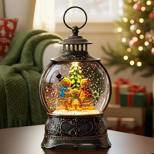 Christmas Snow Globe Lantern Water Glittering Gingerbread Family with Music& Timer