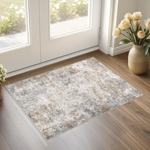 2x3 Entryway Area Rug Washable Neutral Brown Grey Small Carpet (6 Sq Ft)
