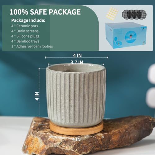 4 in Cylinder Ceramic Plant Pots with Trays (4 Count)