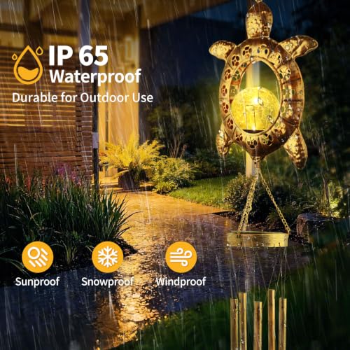 Sea Turtle Solar Lights Outdoor Decor Crackle Glass Ball Solar Turtle Wind Chimes for Outside Unique Gifts for Women Birthday Gardening Gift Housewarming Ornament for Patio Yard Garden Decor