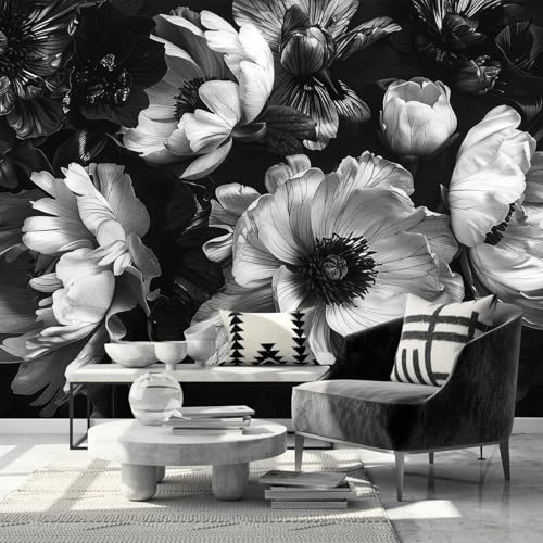 Black Peony Floral Wallpaper Vintage Large Flower wall murals for Bedroom 159"x107"