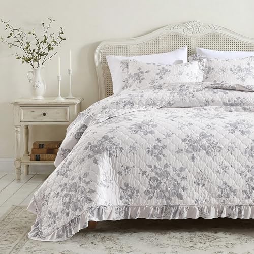 Greyish Blue Ruffled Quilt Twin Size with 1 Pillow Sham (2 Count)