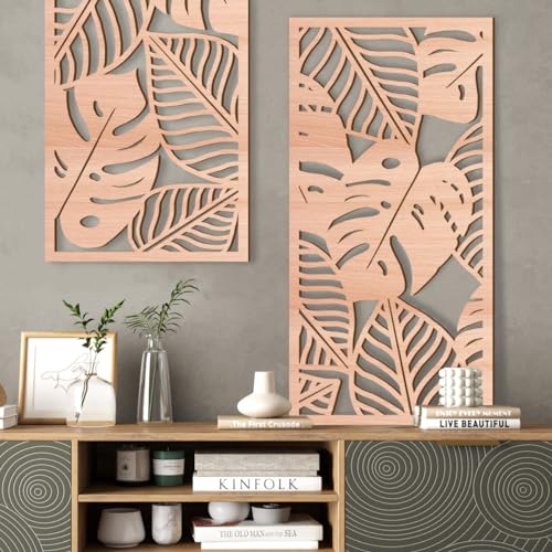 Large Wood Tropical Wall Art 15.9X32 Inch Carved Palm Leaves Wall Decor Coastal Leaf Monstera Plant Wall Sculptures for Living Room Bedroom Set of 3