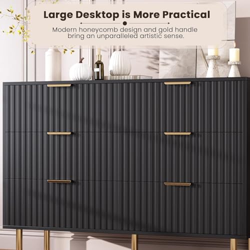 47.2" Fluted Black 6 Drawer Dresser for Bedroom with Deep Drawer