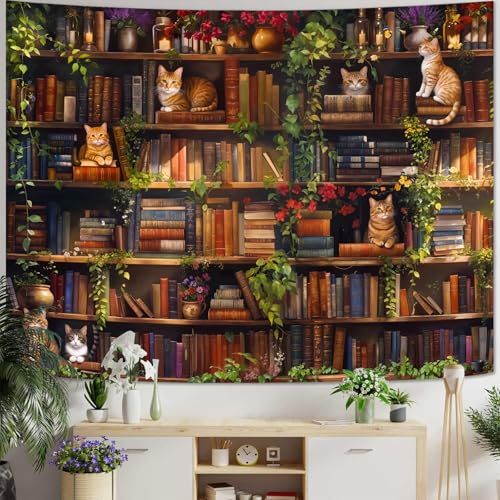 Plant Cat Bookshelf Tapestry Botanical Floral Flower Cats Book Tapestries Wall Hanging Vintage Library Small Tapestry for Bedroom Living Room Dorm 60 x 44 inch