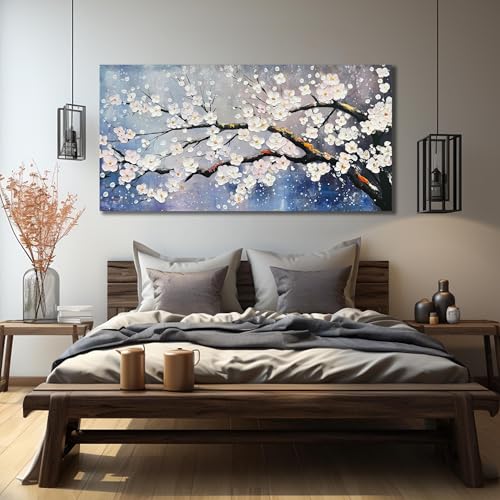 Plum Blossom Painting Wall Decor For Bedroom Women Modern Wall Art For Office Blue And White Wall Art For Living Room Large Size 29 x 58 Inch