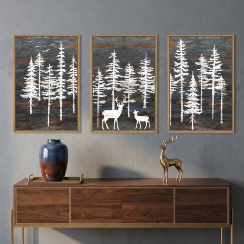 Vintage Pine Tree Deer Framed Canvas Wall Art Set