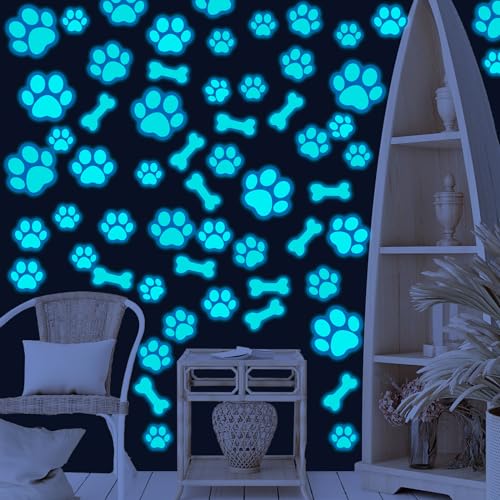 127 Glow in The Dark Dog Paw Stickers Luminous Removable Vinyl Wall Decals for Kids Nursery Bedroom