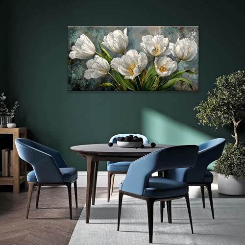 Large Canvas Wall Art Decor White Tulip Flower Canvas Art Wall Decor For Living Room Modern Floral Botanical Wall Art Prints Elegant Nature Flower Wall Art For Bedroom Home Office Wall Decor 24"×48"