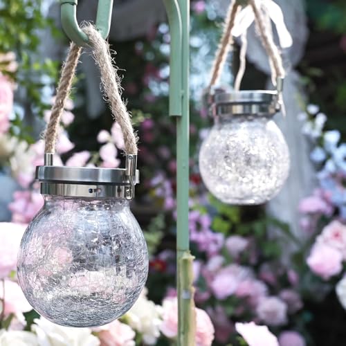 6 Pack Gifts for Him Her Solar Lanterns Outdoor Waterproof Heavy Crackle Glass 30 LED Warm Firefly Lights Solar for Women Mom Grandma Outdoor Table Lamps Garden Yard Decor (6 Count)