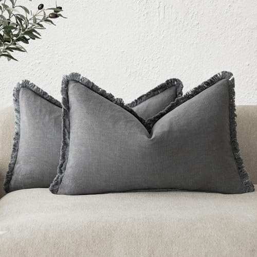 Decorative Linen Fringe Lumbar Throw Pillow Covers 12×20 Gray (2 Count)