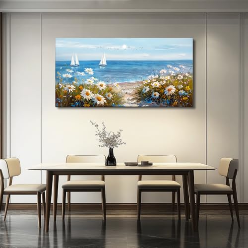 Home Decor Printing Canvas Picture Blue Ocean Landscape Painting Wall Art For Living Room Farmhouse Dinin Mural White Flowers Bedroom Office Wall Decoration Artwork Easy To Hang 20x40 In