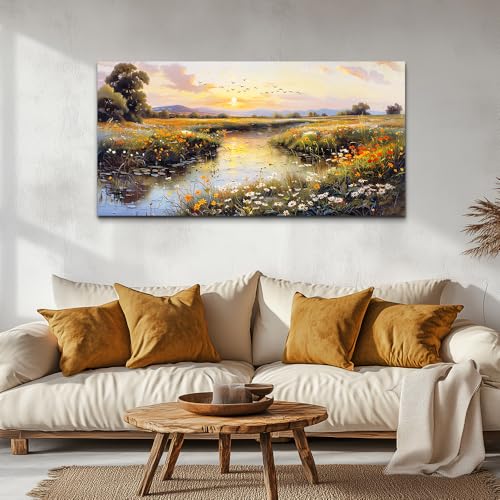 Large Canvas Wall Art For Bedroom Wall Decorations For Living Room Office Decor Rivulet View Painting Farmhouse Field Scenery Watercolour Pictures Home Decoration Ready To Hang 24x48 In