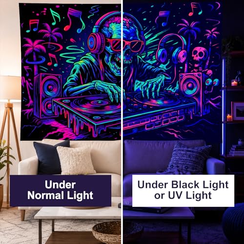 Blacklight Tapestry DJ Skeleton Bedroom Decor 78 x 59 Inch
