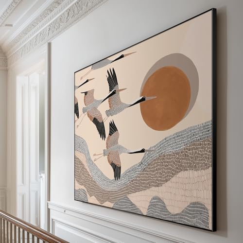 36"x46" Extra Large Framed Wall Art Flying Cranes Over Sunlit Hills Illustration for Home Living Room Bedroom Decor