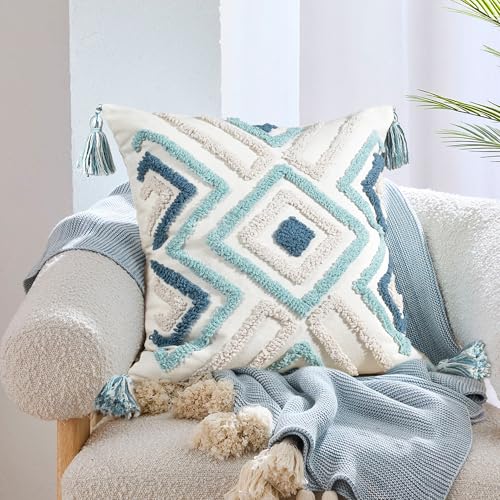 Boho Pillow Covers 18X18 Inch Boho Tufted Throw Pillow Covers Decorative Tassels Cushion Cover Farmhouse Pillow Case for Couch Sofa Bed Living Room Bedroom
