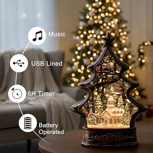 Christmas Snow Globe Lantern Water Glittering Church & Manger Scene with Music & Timer