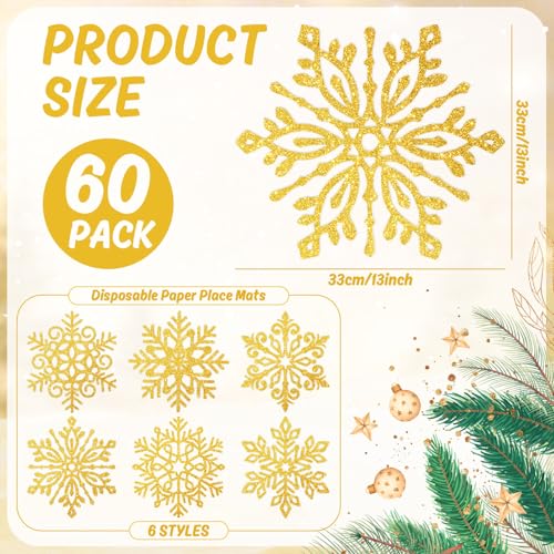 60Pcs Christmas Snowflake Paper Placemat Disposable Gold Glitter Snowflake Shaped Dining Table Setting for Winter Xmas Holiday Wedding Birthday Party Kitchen (60 Count)