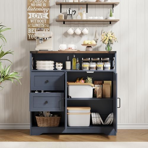 Farmhouse Buffet Sideboard Cabinet with 2 Drawers and Open Shelf