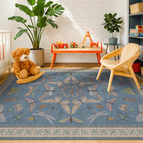 Blue Washable Kids Playroom Rug (35 Sq Ft)