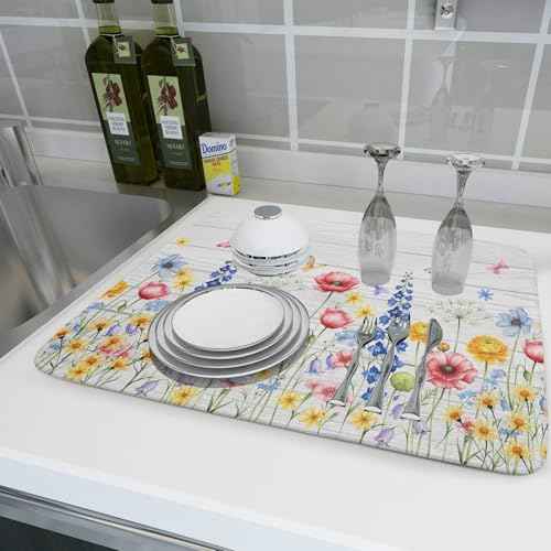 Spring Summer Dish Drying Mat for Kitchen Counter Farmhouse Watercolor Floral Super Absorbent Reversible Microfiber Kitchen Countertop Protector Dishes Pad Large 18x24 inch