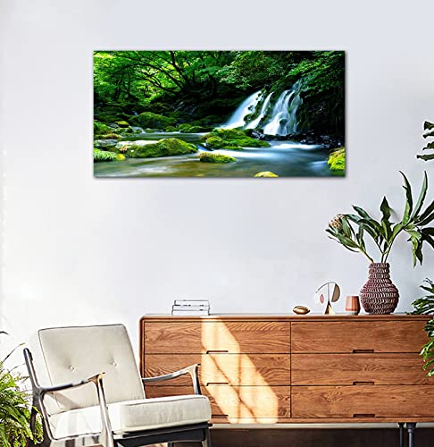 Waterfall Canvas Wall Art Living Room Decoration Large Nature Picture Artwork Modern Landscape Painting Green Forest Prints for Kitchen Office Wall Decor Home Decorations 24" x 48"