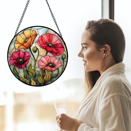 Poppy Flower Stained Glass Window Hanging Suncatcher Gifts for Women 12"
