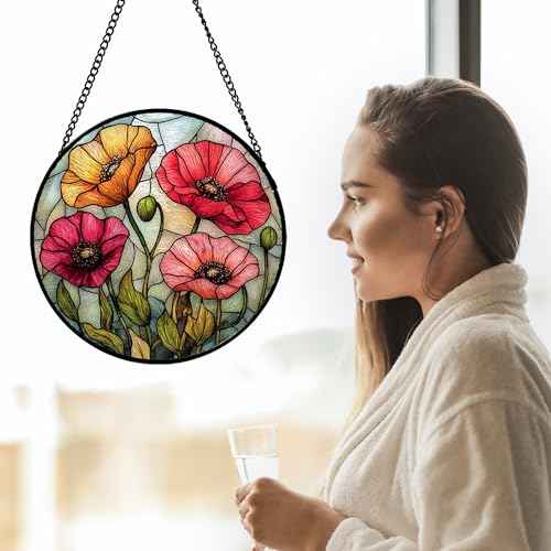 Poppy Flower Stained Glass Window Hanging Suncatcher Gifts for Women 7.8"