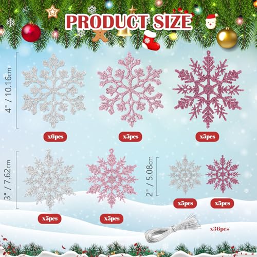36pcs Pink Silver Christmas Snowflake Ornaments (36 Count)