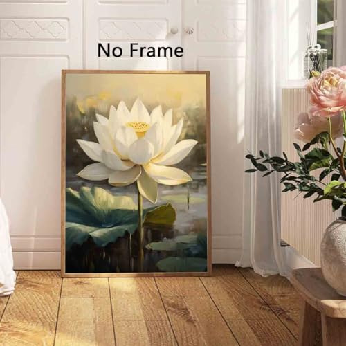 Lotus Flower Poster Summer Flower Picture Zen Lotus Pond Painting Water Lily Poster Green Plants Paintings Zen Canvas Botanical Art Print Vintage Floral Wall Art Modern Room Decor 16x24inch No Frame