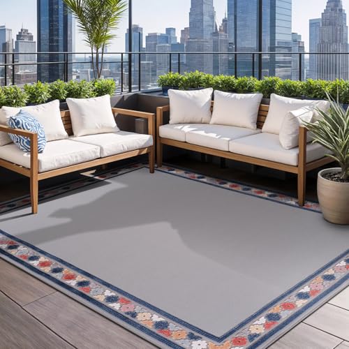 Outdoor Rug 9x12 Modern Bordered Large Area Rugs for Indoor and Outdoor Patio Easy to Clean Non Shedding Living Room Porch Garden Washable Outside Carpet