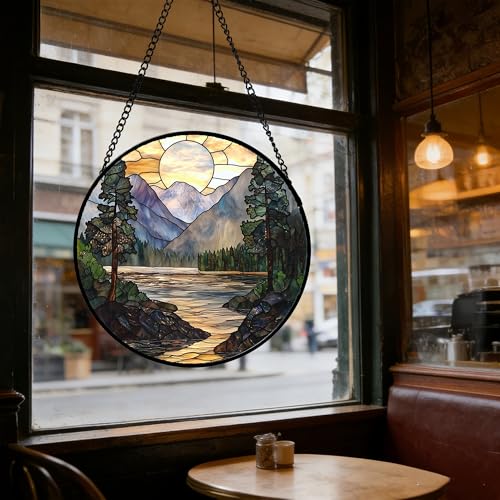 Mountain Lake Stained Glass Window Hanging Suncatcher Gifts for Women 15"