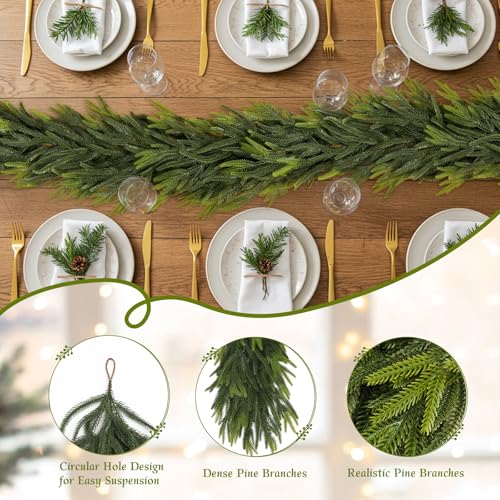 6FT Christmas Norfolk Pine Garland Real Touch Pine Artificial Garlands Faux Greenery Garland Winter Christmas Garland for Table Mantle Holiday Indoor Outdoor Xmas Decorations (24 Foot)