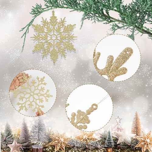 6pcs Large Gold Snowflakes Ornaments 12" Big Plastic Glitter Snowflake for Winter Indoor Outdoor Christmas Tree Window Room Decorations Giant Craft Snowflakes (6 Count)