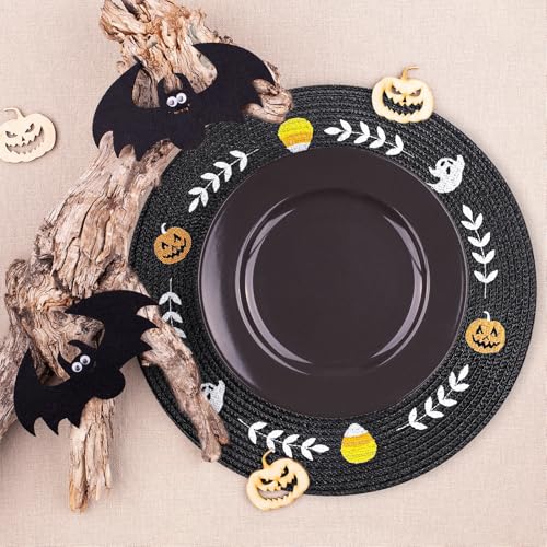 4 Pcs Round Halloween Placemats Embroidered Ghost Pumpkin Candy Corn Place Mats Black Spooky Dinner Table Mats for Halloween Holiday Trick or Treat Party Table Decor (4 Count)