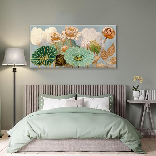 Large Canvas Wall Art Decor Modern Floral Botanical Nature Canvas Prints Gold Lotus Flower Wall Art Decor For Living Room Elegant Canvas Art Wall Decor For Bedroom Home Office Wall Decor 24"×48"