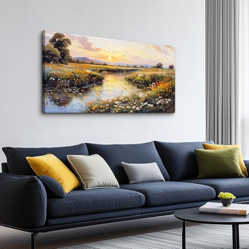Canvas Wall Art For Bedroom Wall Decoration For Living Room Restaurant Office Decor Rivulet View Painting Farmhouse Field Scenery Watercolour Pictures Printing Artworks Home Decor 20x40In