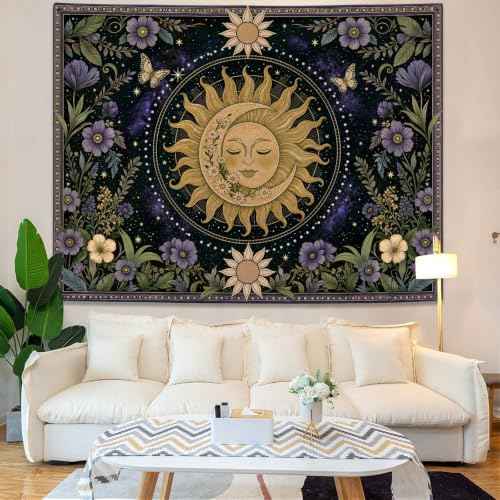 Boho Vintage Sun and Moon Hippie Purple Floral Tapestry 60 x 44 Inch