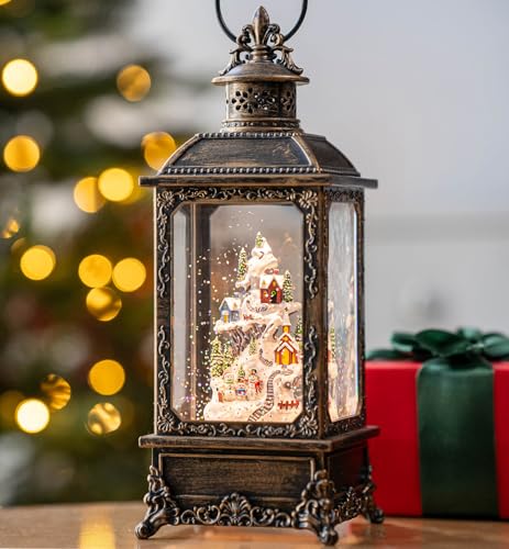 Christmas Village Buildings Snow Globe Lantern Water Glittering Snowman Family with Music & Timer